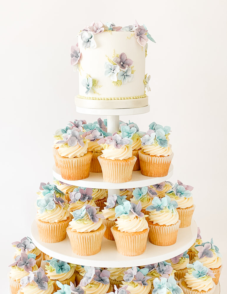 Special event cupcake tower with vanilla cupcakes, buttercream, and handmade sugar hydrangeas